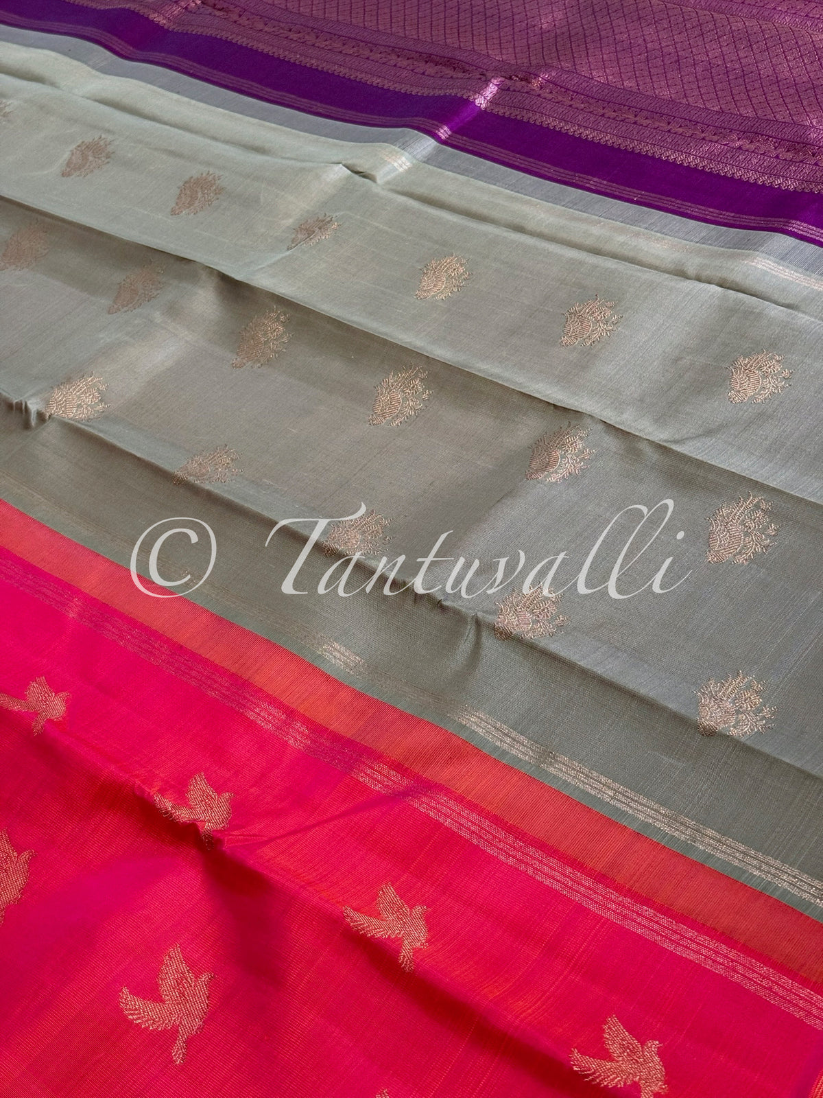 Dual Tone Pink Orange Butta Borderless Pure Zari with Double Pallu in Mint Green and Vaadaamalli