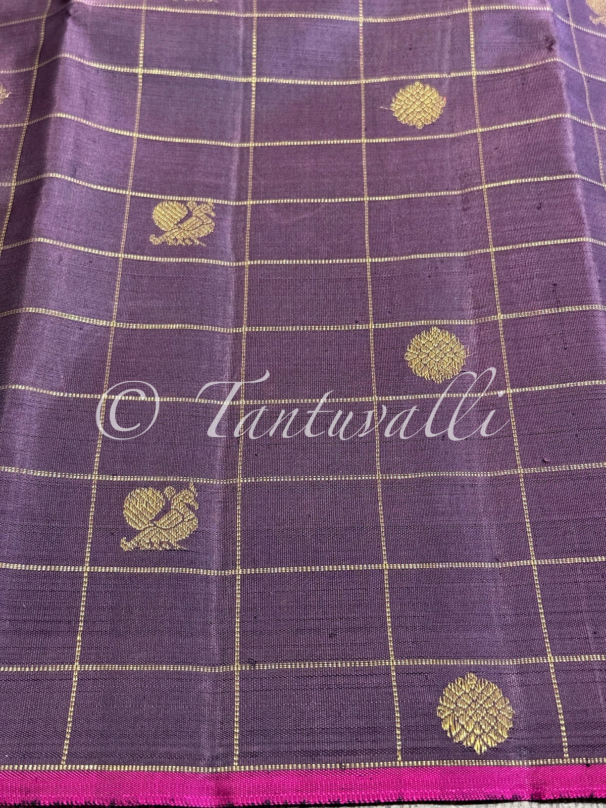 Brown shot Grey Zari Checks Borderless with Dark Pink Pallu Pure Zari