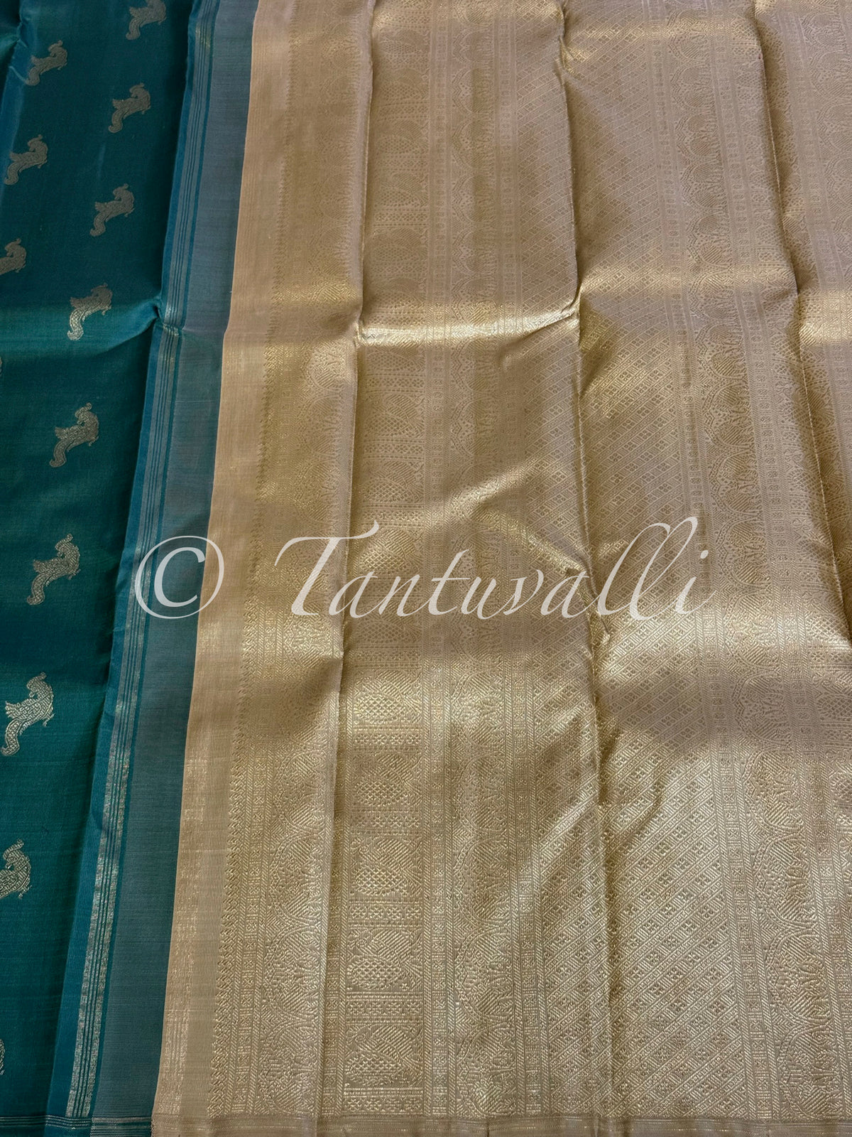 Deep Teal Green Kili Butta Pure Zari Borderless with Biscuit Pallu