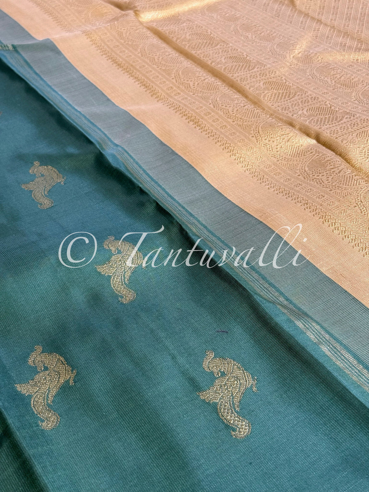 Deep Teal Green Kili Butta Pure Zari Borderless with Biscuit Pallu