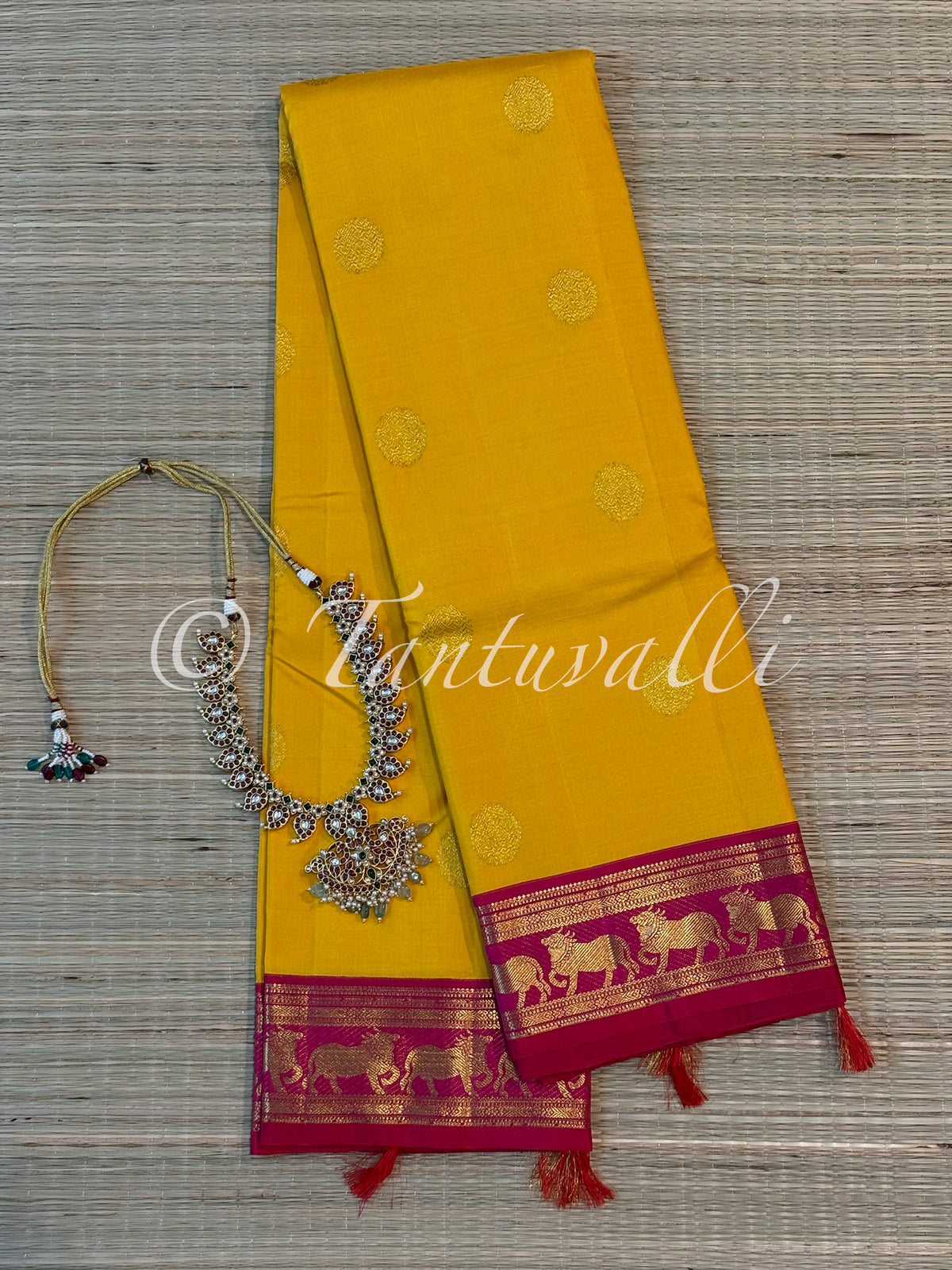 Mango Yellow with Pichwai Cow Motifs Rani Pink Small Border Korvai