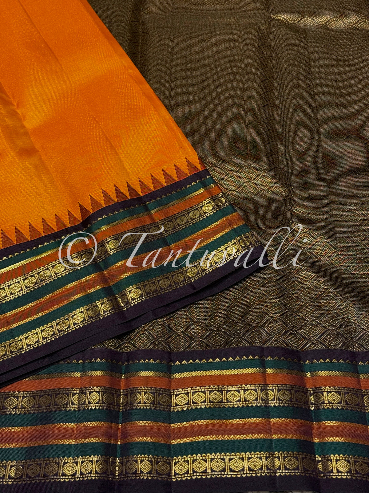 Mango Yellow and Paaku Brown Pallu with Varisaipet Temple Korvai