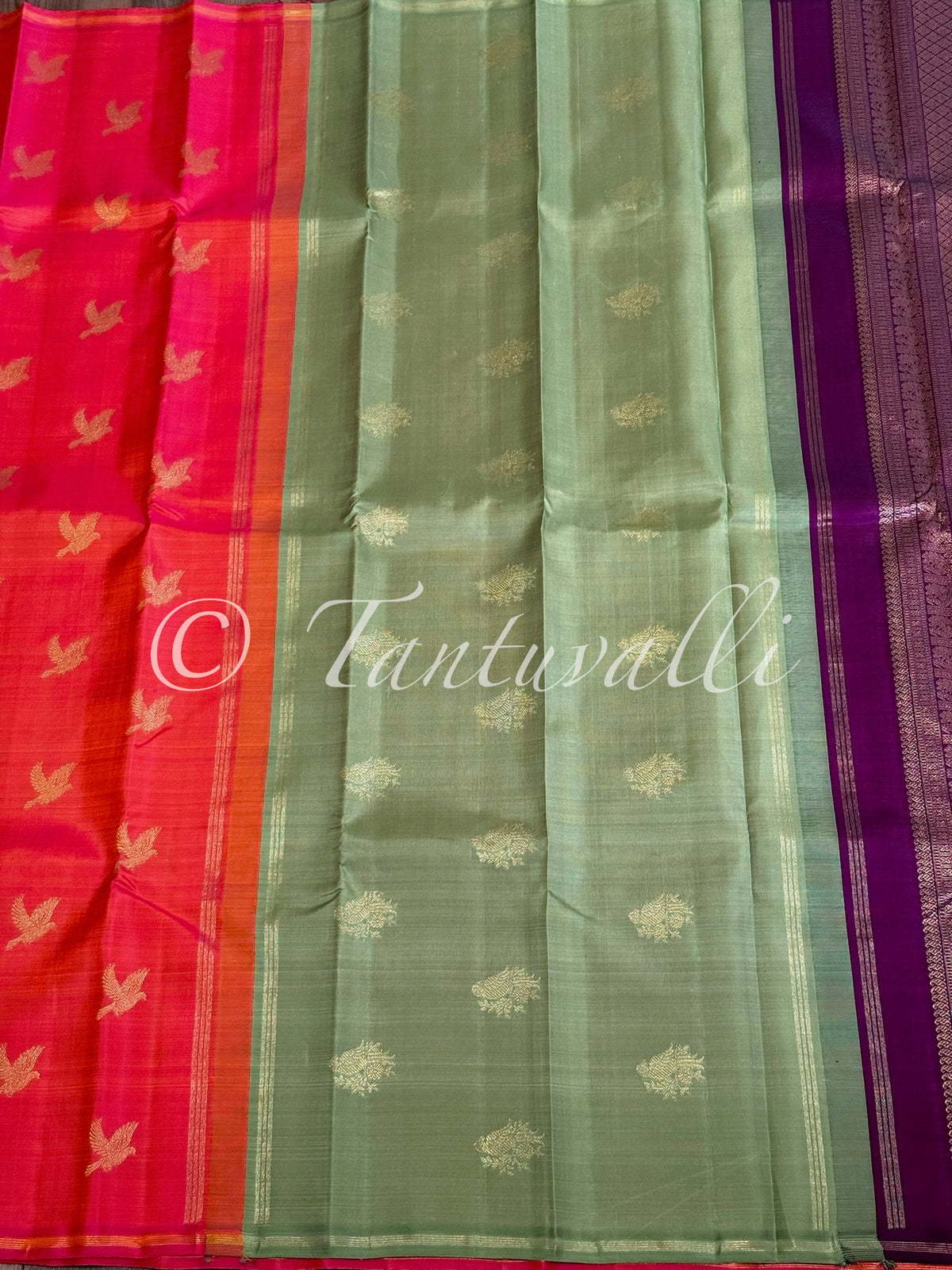 Dual Tone Pink Orange Butta Borderless Pure Zari with Double Pallu in Mint Green and Vaadaamalli