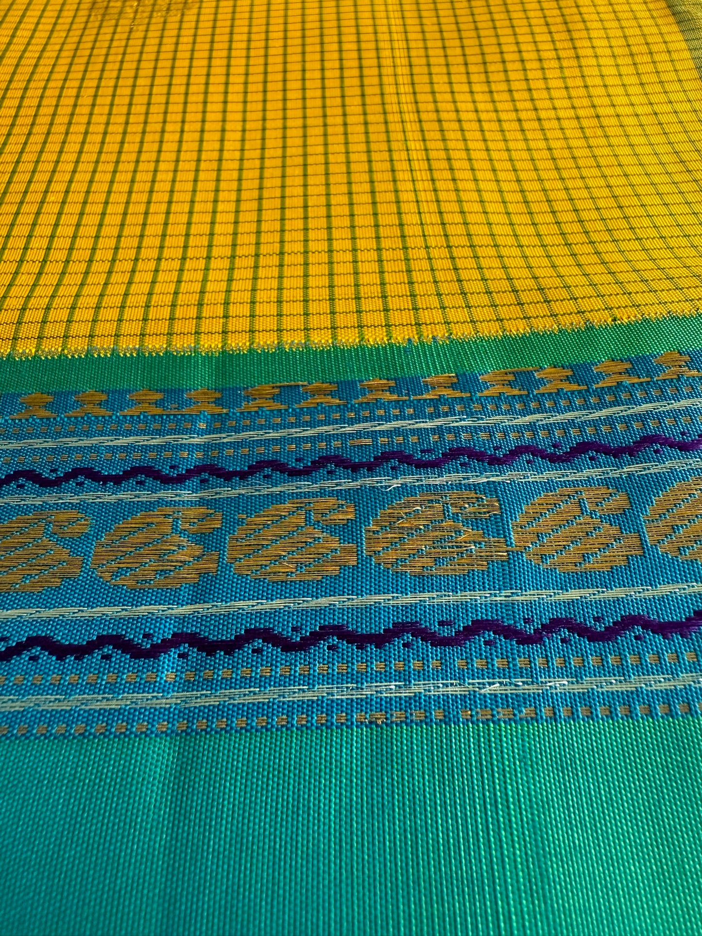 Bright yellow with Teal/dual shade ramar blue Korvai