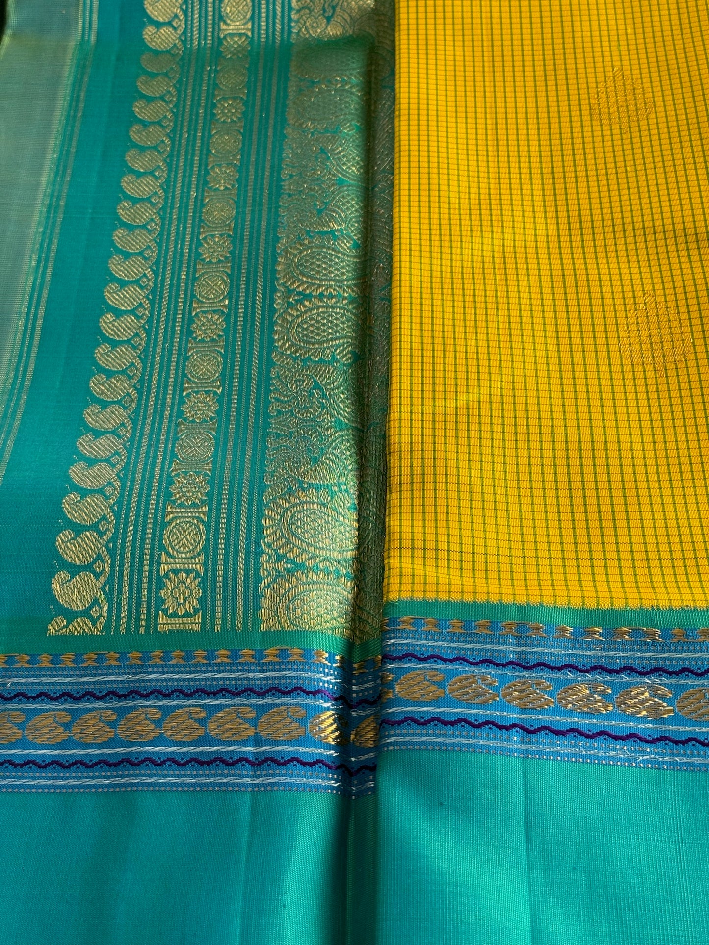 Bright yellow with Teal/dual shade ramar blue Korvai