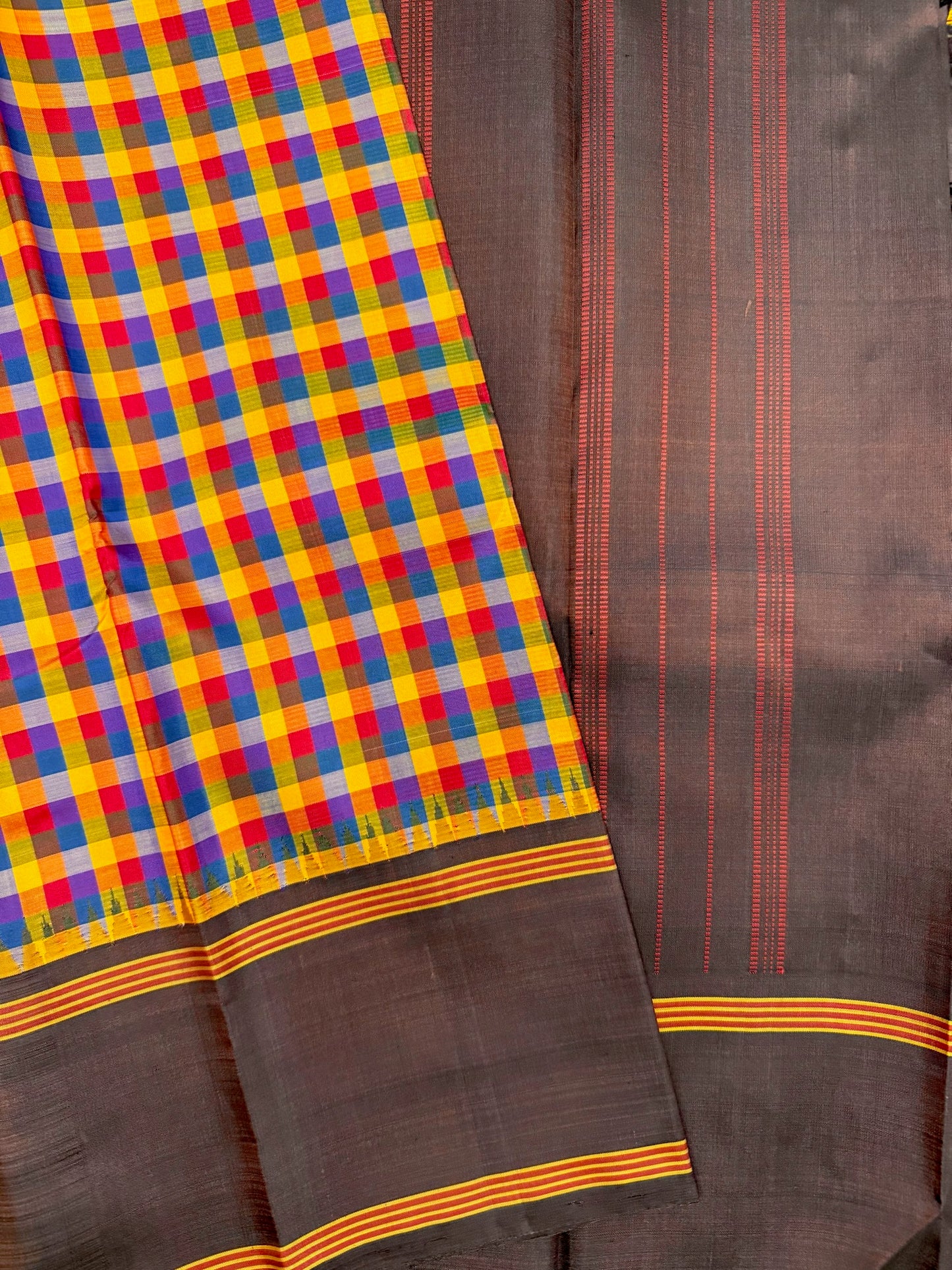 Yellow Multi checks with Brown Korvai