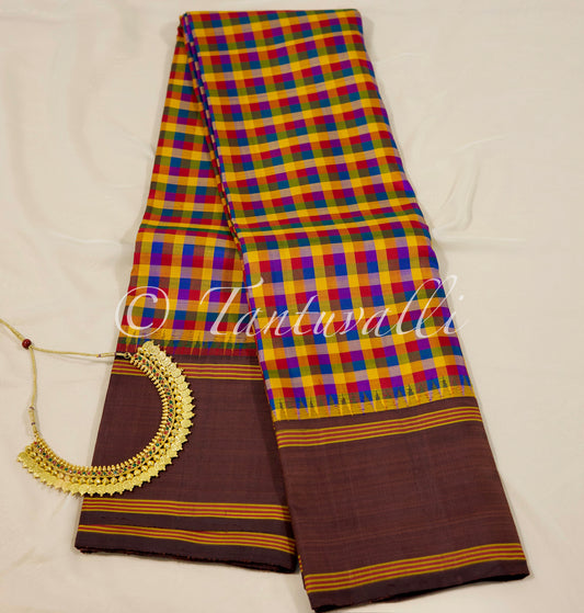 Yellow Multi checks with Brown Korvai
