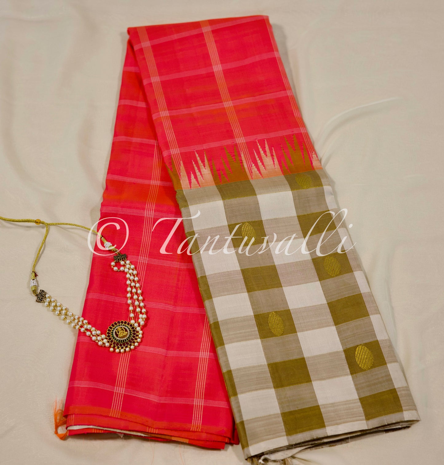 Fanta orange with Brown,beige Checks Korvai