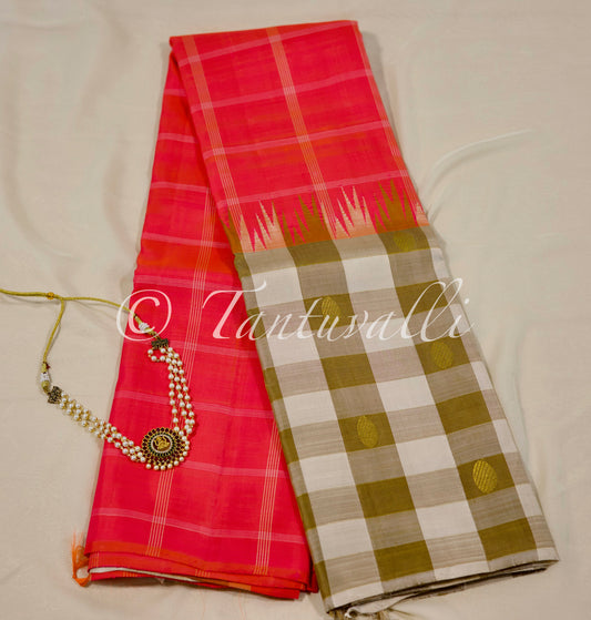 Fanta orange with Brown,beige Checks Korvai