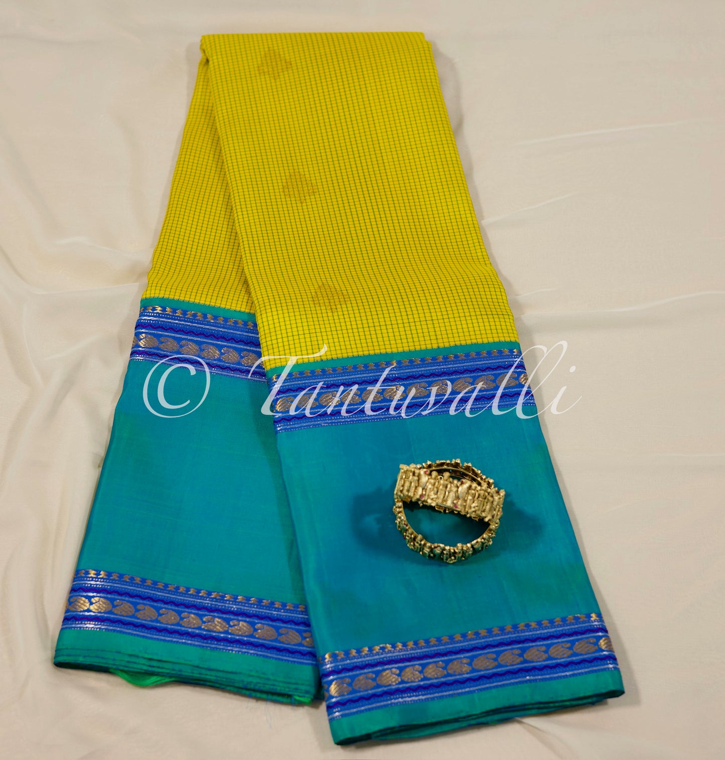 Bright yellow with Teal/dual shade ramar blue Korvai