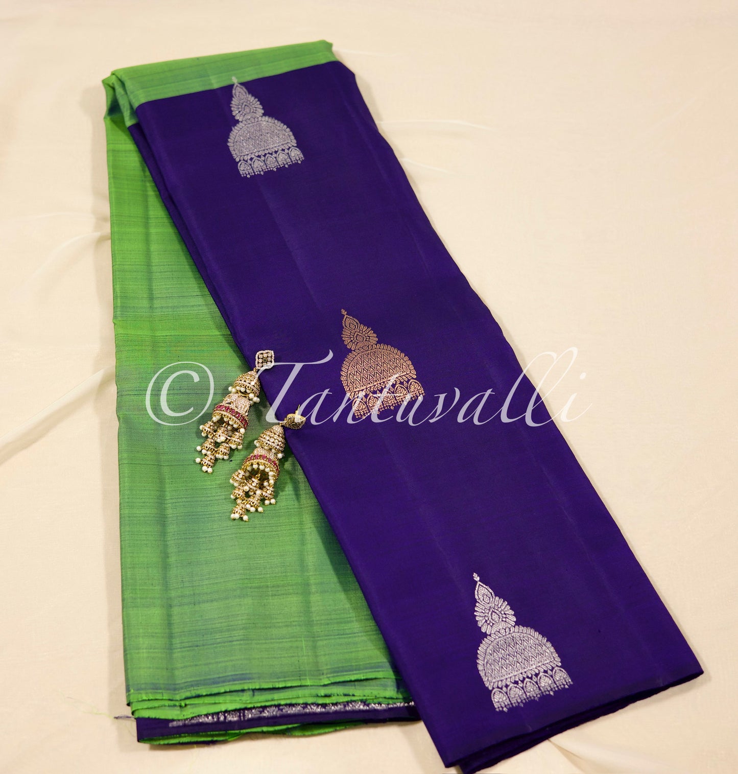 Grass green with Dark blue Jhimki Border