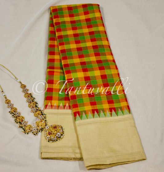 Vibrant Red with Beige Plain Bodi Korvai Border