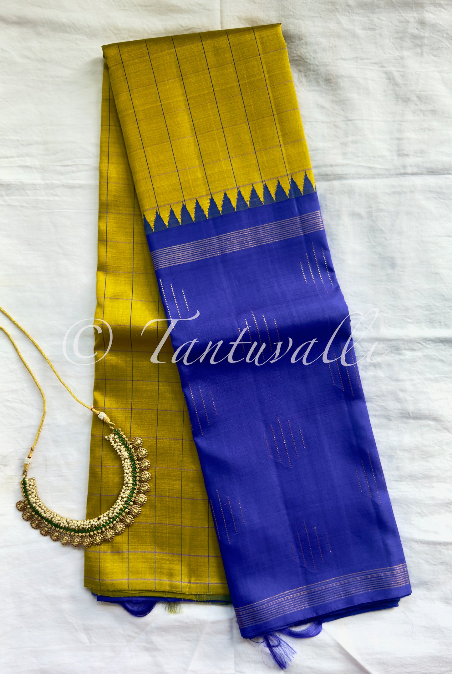 Mustard/golden yellow with Purple blue Korvai