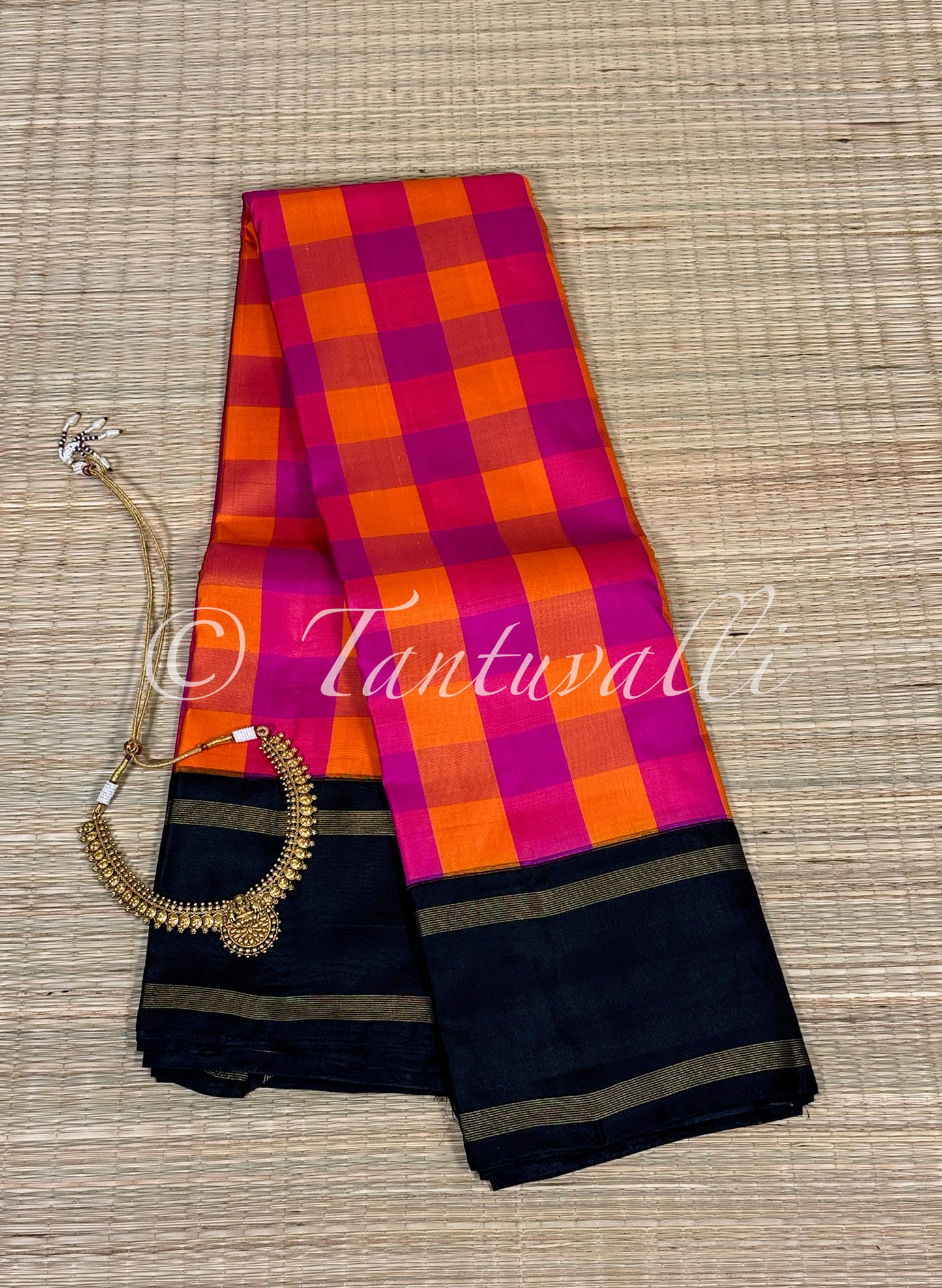 Orange and Pink Checks with Black Bodi Korvai