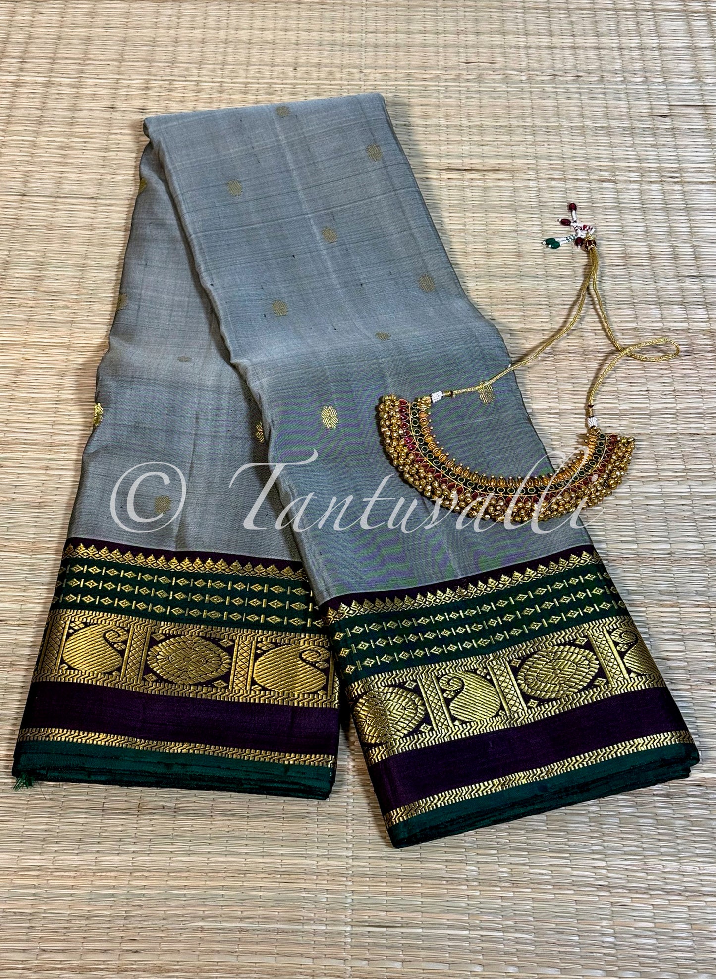 Grey with Kanchana Brown and Green Korvai