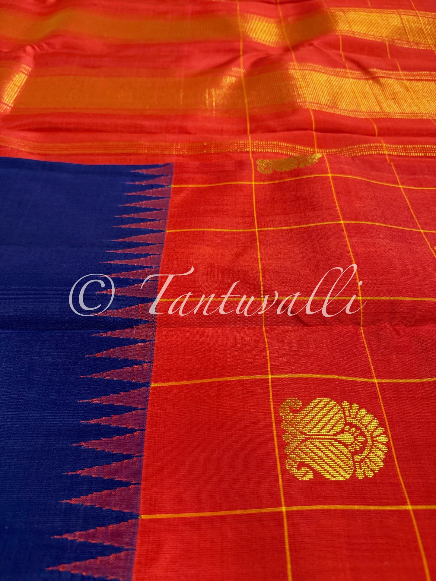 Deep Violet Blue with Orange Red Big Checks Half and Half