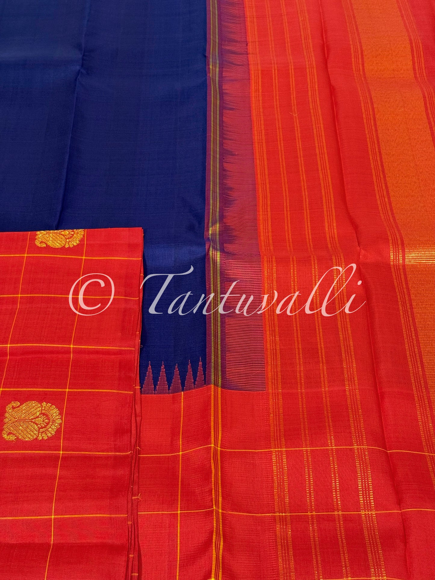 Deep Violet Blue with Orange Red Big Checks Half and Half