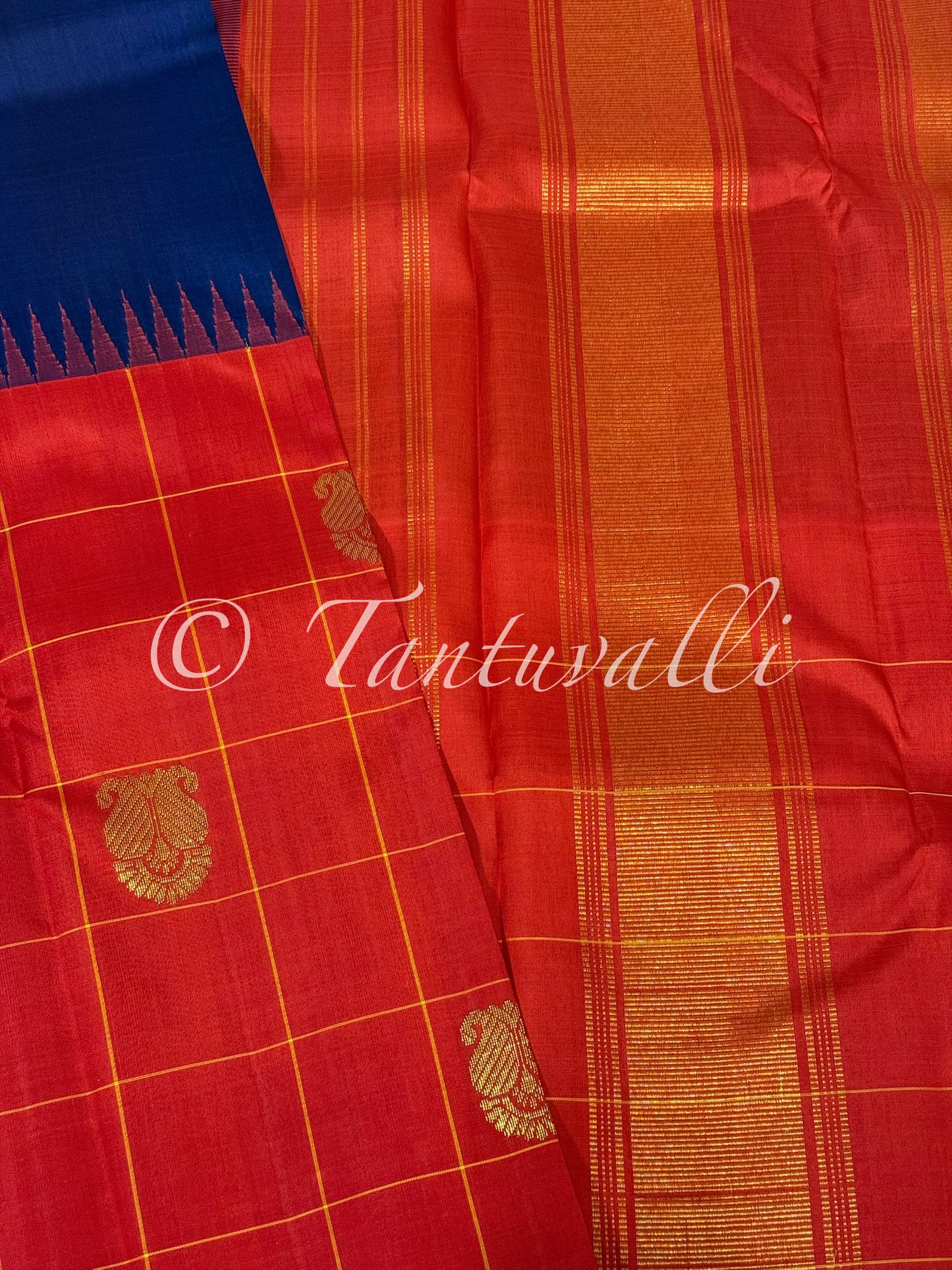 Deep Violet Blue with Orange Red Big Checks Half and Half